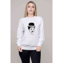Charlie Chaplin Baskılı Beyaz Kadın Sweatshirt (528320394)