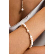 6,5 Mm Baget Zirkon Taşlı Doğal İnci Bileklik 21 Cm / Beyaz Beyaz Beyaz Altın