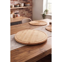 Bambu Döner Sunumluk 33x33 Cm Pizza Standı Ahşap Döner Servis Tepsisi Oluklu Kenarlı Kahvaltılık Pasta Peynir Sunum Tabağı Bej Bej