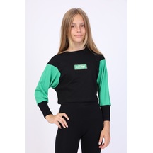 Toontoy Kız Çocuk Relax Fit Bisiklet Yaka Düşük Omuz Baskılı Crop Sweatshirt - Renk Bloklu & 2 İplik Siyah