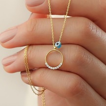 925 Ayar Gold Zirkon Taşlı Nazarlı Halka Gümüş Kolye