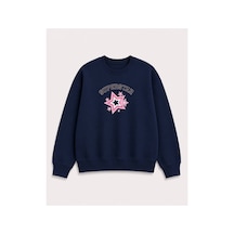 Herkesemoda Süperstar Baskılı 2 İplik Şardonlu Bisiklet Yaka Sweatshirt Lacivert