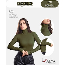 Alya Underwear Kaşkorse Tam Boğazlı Body Sweatshirt, Fitilli Kumaş, Likralı, Gül Kurusu Asker Yeşili