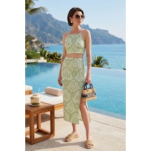 Lela Slim Fit Ip Askılı Yırtmaçlı Midi Alt-Üst Bayan Takım 5869021 Olive
