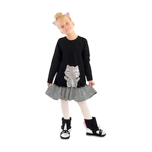 Denokids Gümüş Leopar Kız Çocuk Siyah Elbise Siyah