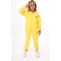 Toontoy Kids Toontoy Kız Çocuk 2'li Takım Baskılı Kolej Yaka Fermuarlı Cepli Sweatshirt & Beli Paçası Lastikli Cepli Jogger Eşofman Altı - 2 İplik Sarı