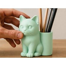 3d Baskı Kedi Figürlü Kalemlik - Masaüstü Organizer - Mint Diğer