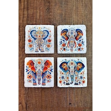 Doğal Taş Bardak Altlığı 4'lü Set 10x10x1 Cm Renkli Fil Baskılı -stone Coasters Çok Renkli