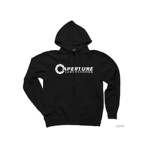 Portal Aperture Siyah Fermuarlı Kapşonlu Sweatshirt