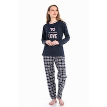 Vishenka Kadın Love Yazı Baskılı Pamuklu Pijama Lacivert