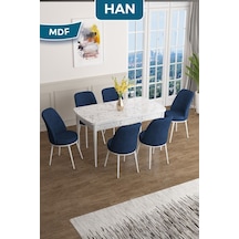 Canisa Han Serisi, 70x114 Açılabilir Mdf Masa Takımı, Beyaz Mermer Desen Masa Ve 6 Lacivert Sandalye Masa Beyaz Mermer Sandalyeler Lacivert