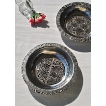 6 Adet Paslanmaz Çelik Etnik Desenli Çukur Yemek Tabağı 20 Cm Meze Tabak Gümüş