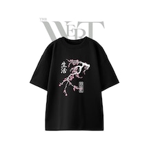Thewert Sakura Kanji Tasarım Baskılı Ünisex Siyah Oversize T-shirt