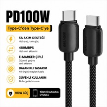 Essager 100w Pd Usb-c Type-c To Type-c 5a E-marker Çipli Hızlı Şarj Ve 480mbps Data Aktarım Örgülü Kablo Siyah-2 Metre