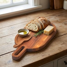 Doğal Akasya Ahşap Oval Peynir Ve Sunum Tahtası 30x14 Cm Saplı Servis Tepsisi, Yanında Özel Ahşap Peynir Bıçağı İle 2 Parça Set 15cm