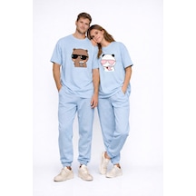 Sevgili Kombini Panda Bardak Baskılı Çift Tişört Oversize Unisex Mavi