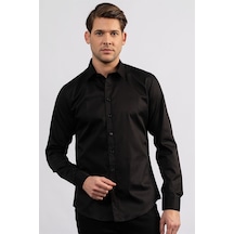 Tudors Slım Fıt %100 Koton Saten Premium Erkek Gömlek-23877 Siyah