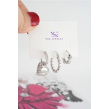 By Zeyna Aksesuar Kadın Vip Seri Baget Zirkon Taşlı 3'lü Küpe Seti-4278 Gümüş