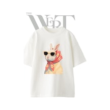 Thewert Bunny Scarf Shades Tasarım Baskılı Ünisex Beyaz Oversize T-shirt