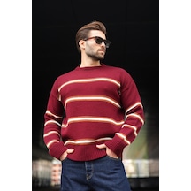 Madmext Bordo Çizgili Triko Erkek Kazak E7457 Bordo