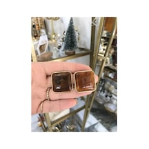 Kare Gold Detaylı Kahverengi Küpe