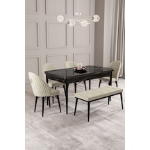 Calvin Siyah Mermer Desen 80x132 Mdf Açılabilir Mutfak Masası Takımı 4 Sandalye, 1 Bench Krem