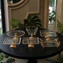 8 Parça Ayaklı Ve Kulplu Masa Sunum Tabağı Seti Gold&gümüş Altın
