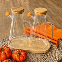 Yağdanlık Cam Şişe 900 Ml Bambu Vakumlu Kapak Ahşap Stantlı İkili