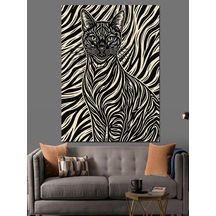 Ahşap Tablo Zebra Desenli Sanatsal Kedi Portresi