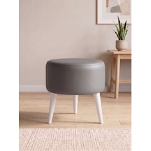 Modern Gri Deri Puf Tabure Ahşap Beyaz Ayaklı Yuvarlak Puf 40x42 Cm