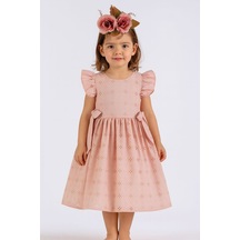 Miniğimin Cicileri Fırfırlı Broderie Fiyonklu Kız Çocuk Elbisesi - Pembe