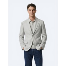 Kip Bej Desenli Modern Fit Keten Karışımlı Ceket
