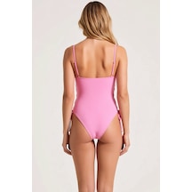 Benerly Kadın Mayo İnce Askılı Kapsız Düz Desen Biyeli Örme Kumaş Regular Pembe