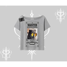 Tarzsokak Wanted Temalı Kedi Baskılı Kayık Yaka Tshirt Gri