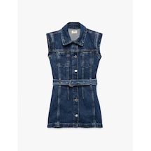 Koton Pamuklu Kemer Detaylı Gömlek Yaka Denim Elbise Orta İndigo 5skg80026ad İndigo