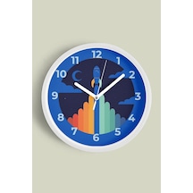 Renkli Roket Ve Uzay Temalı Çocuk Odası Duvar Saati - 35cm - Önü Camlı Beyaz Kasa - Sessiz Mekanizma Beyaz