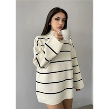 Nimas Kadın Beyaz Oversize Çizgili Yarım Balıkçı Yaka Triko Kazak, Çizgili Kazak Beyaz - 569674398 Beyaz