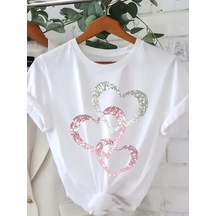 Uyguntarz Unisex İç İçe Geçmiş Kalpler Baskılı Tasarım Tshirt Beyaz