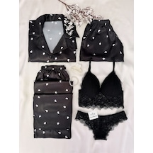 Mh Moony Homewears 5'li Glow Siyah Kalp Saten Pijama İç Giyim Çeyiz Seti Siyah
