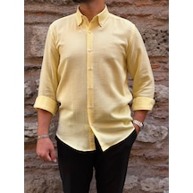 Slim Fit Uzun Kol Müslin Pamuk Rahat Nefes Alabilen Kumaştan Yaka Düğmeli Hediye Kutulu Erkek Gömlek Fs-004202 - Sarı-3367