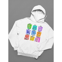 Çizgi Film Ters Yüz Baskılı Unisex Oversize Insiide Out Hoodie Beyaz