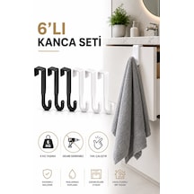 Kapı Üstü Askılık 6'lı Plastik Kanca Seti Havlu Bornoz Çanta Askısı Siyah Beyaz S-161 Krom