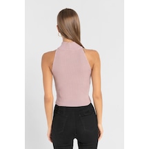 Miss Poem Kadın Kolsuz Slim Fit Boğazlı Fitilli Kısa Antrasit Triko Crop Pudra