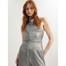 Koton Kolsuz Drape Detaylı Metalik Parlak Degaje Halter Yaka Bluz Gri 5sak10308ek Gri