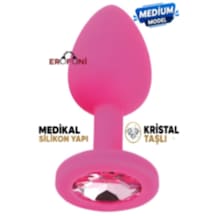 Erofoni Medikal Silikon 8 Cm Kristal Taşlı Pink Medium Anal Açııcı Alıştırıcı Gevşetici Plug