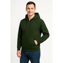 Erkek 3 İplik Pamuklu Kapüşonlu Tam Fermuarlı Cepli Hoodie Sweatshirt - Haki