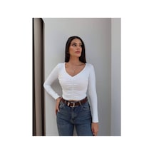 Mayrem Kadın V Yaka Önü Büzgülü Bluz Beyaz