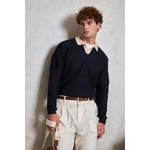 Erkek Polo Yaka Nopeli Oversize Triko Kazak Lacivert Erkek Polo Yaka Nopeli Oversize Triko Kazak Lacivert