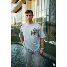 Erkek Kısa Kol Yazlık Tişört Bisiklet Yaka Baskılı Oversize T-shirt - Boyalı Gri