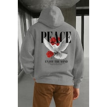 Benroma 3 İplik Penye Peace Baskılı Unisex Kapüşonlu Sweat Gri